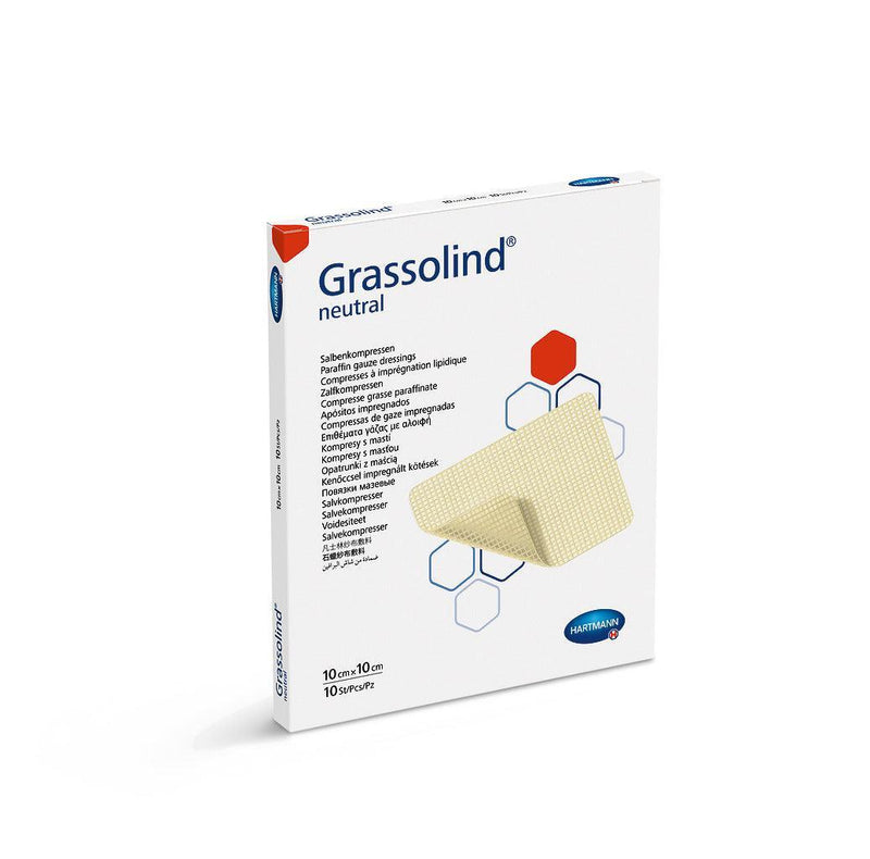 Grassolind 5 x 5 cm, 7,5 x 10 cm, 10 x 10 cm, 10 x 20 cm, 20 x 20 cm, Salbenkompresse mit dem weitmaschigen Baumwollgewebe, 499310, 499350, 499313, 499353, 499314, 499354, 499336, 499315 - Notemed Medizintechnik 