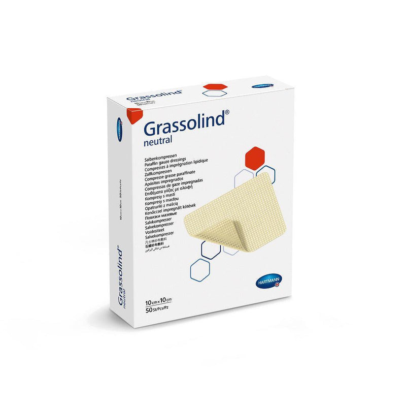 Grassolind 5 x 5 cm, 7,5 x 10 cm, 10 x 10 cm, 10 x 20 cm, 20 x 20 cm, Salbenkompresse mit dem weitmaschigen Baumwollgewebe, 499310, 499350, 499313, 499353, 499314, 499354, 499336, 499315 - Notemed Medizintechnik 