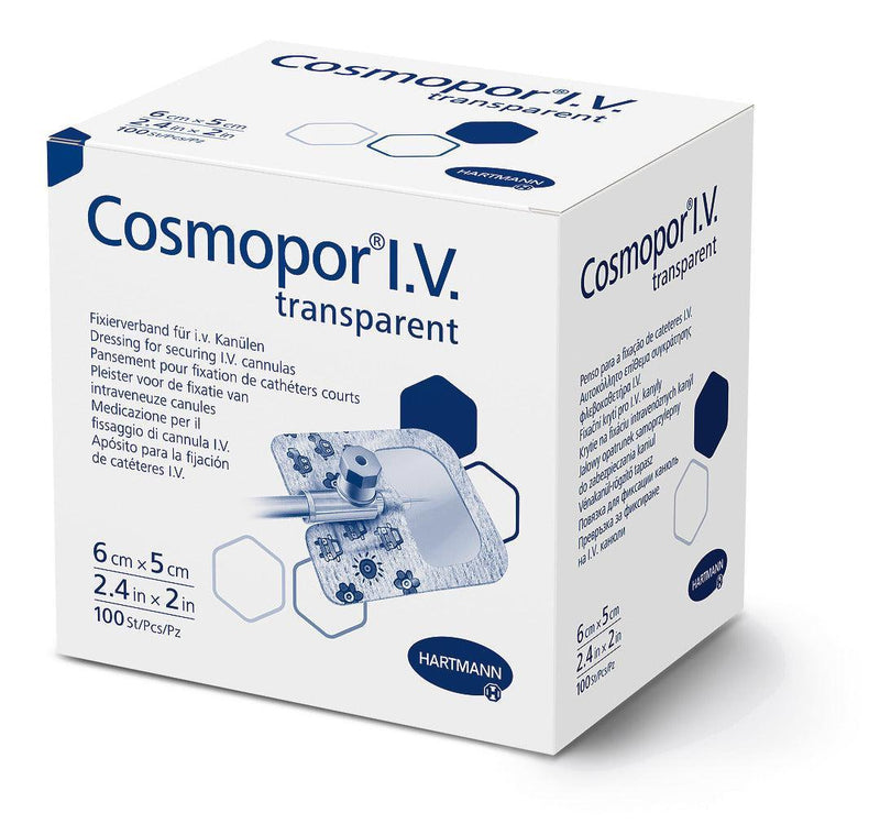 Cosmopor I.V. transparent steril 6 x 5 cm, 9 x 7 cm, 12 x 10 cm, Kanülenfixierverband, Kanülenfixierplaster, Katheterpflaster, Kanülenfixierung, 900817, 900818, 900819 - Notemed Medizintechnik 