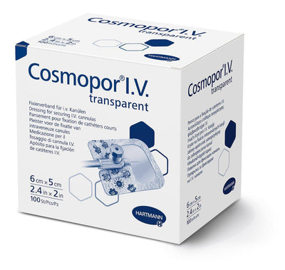 Cosmopor I.V. transparent steril 6 x 5 cm, 9 x 7 cm, 12 x 10 cm, Kanülenfixierverband, Kanülenfixierplaster, Katheterpflaster, Kanülenfixierung, 900817, 900818, 900819 - Notemed Medizintechnik 