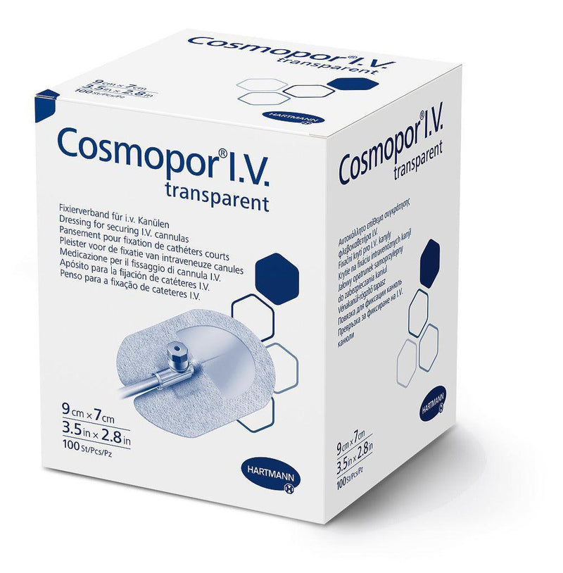 Cosmopor I.V. transparent steril 6 x 5 cm, 9 x 7 cm, 12 x 10 cm, Kanülenfixierverband, Kanülenfixierplaster, Katheterpflaster, Kanülenfixierung, 900817, 900818, 900819 - Notemed Medizintechnik 