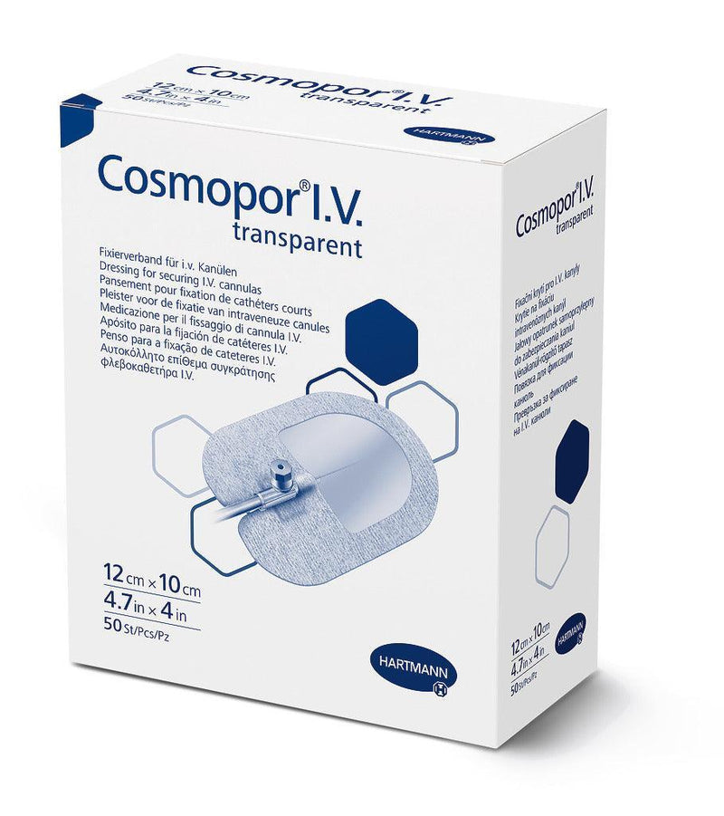 Cosmopor I.V. transparent steril 6 x 5 cm, 9 x 7 cm, 12 x 10 cm, Kanülenfixierverband, Kanülenfixierplaster, Katheterpflaster, Kanülenfixierung, 900817, 900818, 900819 - Notemed Medizintechnik 