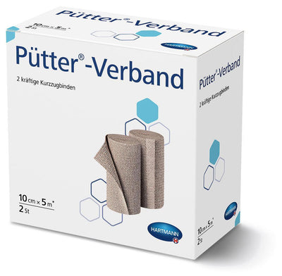 Pütter-Verband Kompressionsbinde, 10 cm x 5 m, 8 cm á 10 cm x 5 m, Kurzzugbinde, mit Verbandklammern, gedehnt 5 m lang, lose in Faltschachteln, 931801, 931796 - Notemed Medizintechnik 