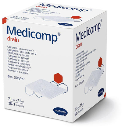 Medicomp drain steril, Schlitzkompresse, 7,5 x 7,5 cm, 10 x 10 cm, 421533, 
421535 - Notemed Medizintechnik 