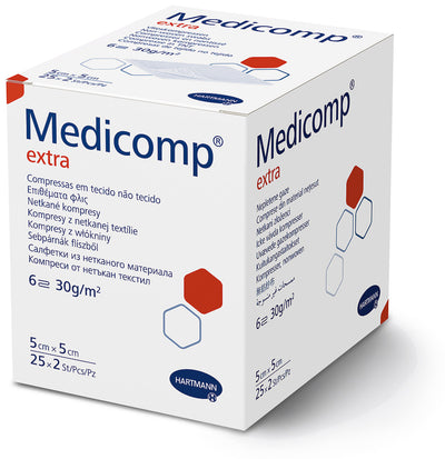 Medicomp extra steril 5 x 5 cm, 10 x 10 cm, 10 x 20 cm, 411078, 
411077, 
411079 Hartmann