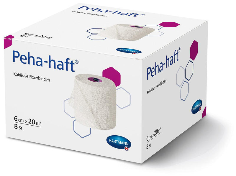 Peha-haft gedehnt 20 m lang, lose in Kartons, kohäsive, elastische Fixierbinde, 6 cm x 20 m, 8 cm x 20 m, 10 cm x 20 m, 12 cm x 20, 932476, 
932477, 
932478 Hartmann