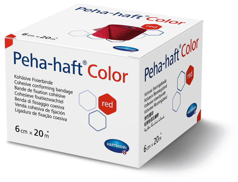 Peha-haft Color rot, kohäsive Fixierbinde, gedehnt 20 m lang, einzeln in Faltschachteln, 6 cm x 20 m, 8 cm x 20 m, 10 cm x 20 m, 932460, 
932461, 
932462 Hartmann