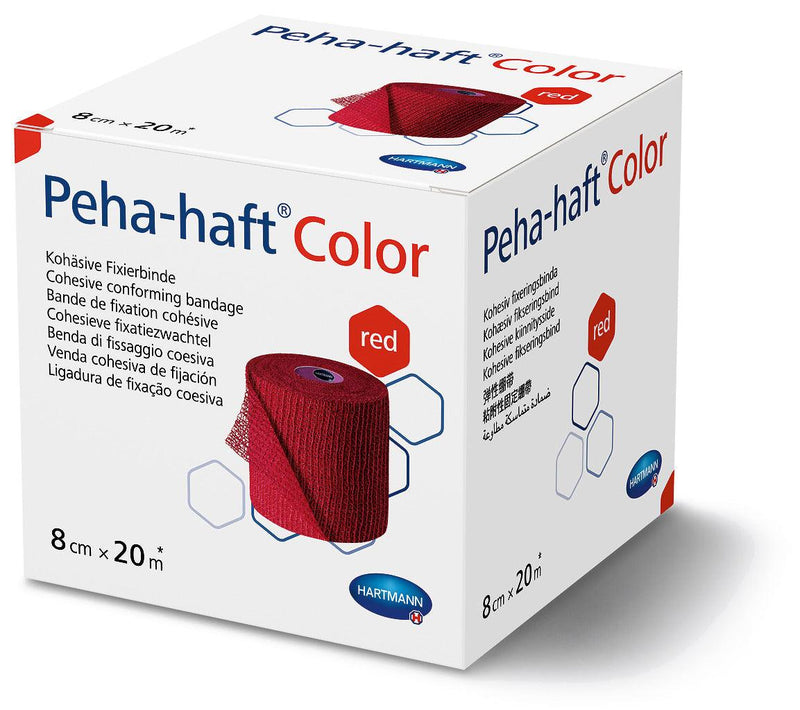 Peha-haft Color rot, kohäsive Fixierbinde, gedehnt 20 m lang, einzeln in Faltschachteln, 6 cm x 20 m, 8 cm x 20 m, 10 cm x 20 m, 932460, 
932461, 
932462 Hartmann