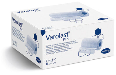 Varolast plus Zinc, die extra feuchte Zinkleimbinde, gedehnte Längen zu 5 m, 7 m, 10 m, einzeln in Faltschachteln, 8 cm x 5 m, 10 cm x 7 m, 10 cm x 10 m, 931589, 
931587, 
931588 Hartmann