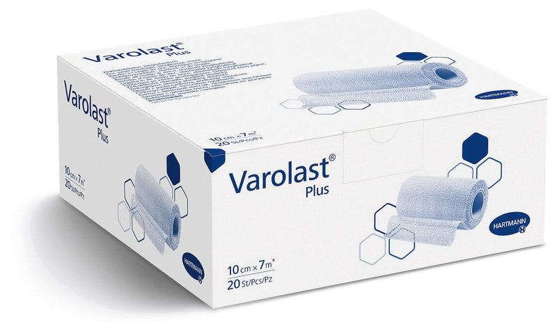 Varolast plus Zinc, die extra feuchte Zinkleimbinde, gedehnte Längen zu 5 m, 7 m, 10 m, einzeln in Faltschachteln, 8 cm x 5 m, 10 cm x 7 m, 10 cm x 10 m, 931589, 
931587, 
931588 Hartmann