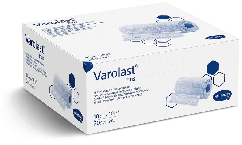 Varolast plus Zinc, die extra feuchte Zinkleimbinde, gedehnte Längen zu 5 m, 7 m, 10 m, einzeln in Faltschachteln, 8 cm x 5 m, 10 cm x 7 m, 10 cm x 10 m, 931589, 
931587, 
931588 Hartmann