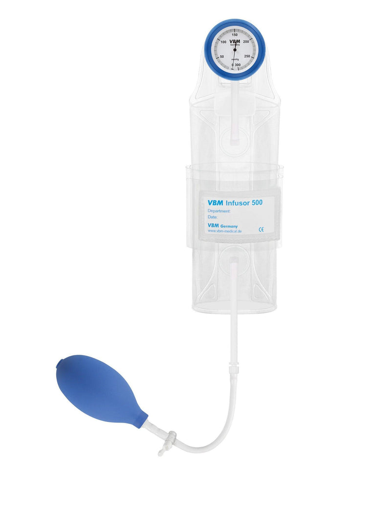 Infusor 500, 1000, 3000 transparente Druckinfusionsmanschette mit Handgebläse, Dreiwegehahn und Manometer 300 mmHg - Umschlagedesign mit Haken - Notemed Medizintechnik 