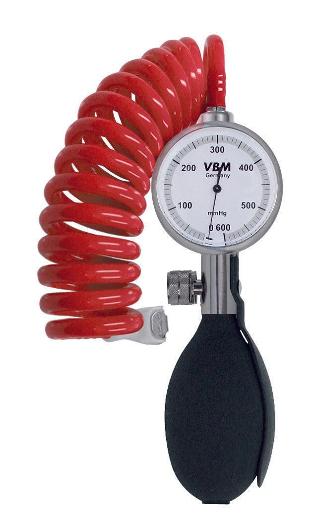 Handgebläse Manometer 600 mm Hg, blauem, rotem Spiral-Verbindungsschlauch und Schnellverschlusskupplung - Verwendung als Manuelles Tourniquet-System - Notemed Medizintechnik 