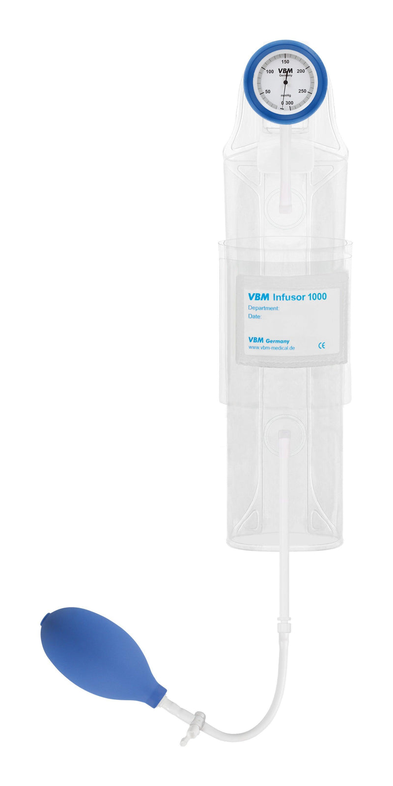 Infusor 500, 1000, 3000 transparente Druckinfusionsmanschette mit Handgebläse, Dreiwegehahn und Manometer 300 mmHg - Umschlagedesign mit Haken - Notemed Medizintechnik 