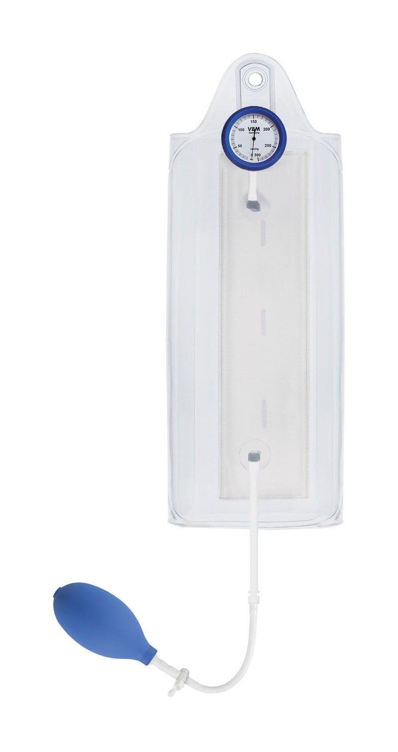 Infusor 500, 1000, 3000 transparente Druckinfusionsmanschette mit Handgebläse, Dreiwegehahn und Manometer 300 mmHg - Umschlagedesign mit Haken - Notemed Medizintechnik 