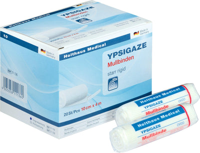 YPSIGAZE Mullbinde Klinikpackung à 20 Stück, lose Schachtel, Klassische starre Mullbinde 4 cm x 4 m, 6 cm x 4 m, 8 cm x 4 m, 10 cm x 4 m, 12 cm x 4 m Holthaus