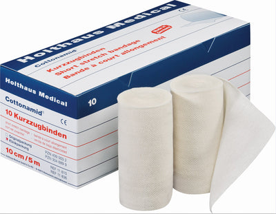 Cottonamid® Kurzzug-Binde, Elastische Kompressionsbinde mit kurzer Dehnung zur Behandlung von venösen Erkrankungen, 8 cm x 5 m, 10 cm x 5 m Holthaus