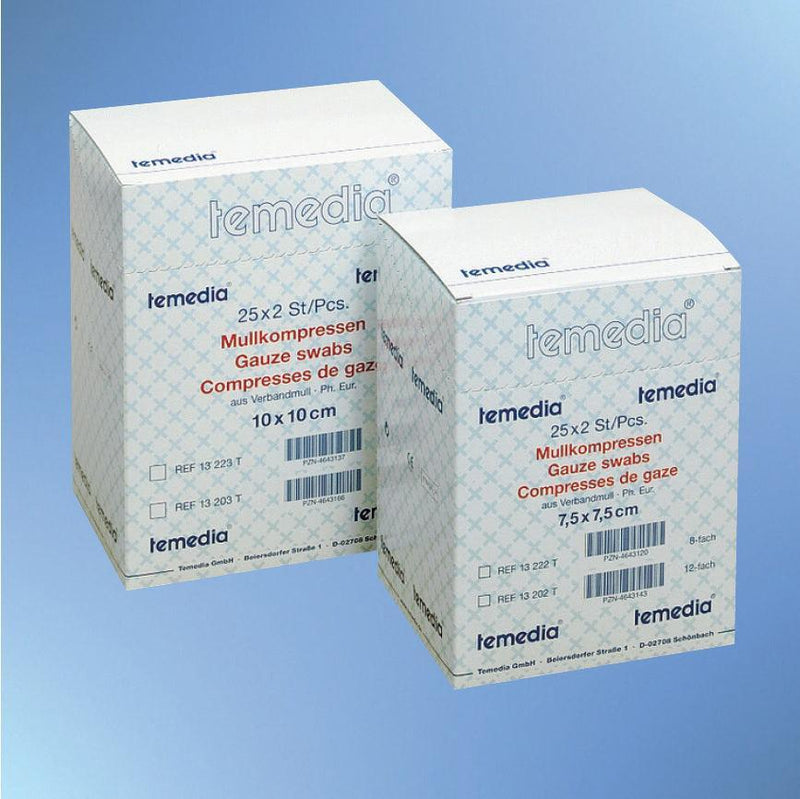 Temedia® Mullkompresse 12-fach gefaltet, 25 x 2 Stück steril, aus Verbandmull, 17-fädig, 5 x 5cm, 7.5 x 7.5cm, 10 x 10cm, 10 x 20cm - Notemed Medizintechnik 