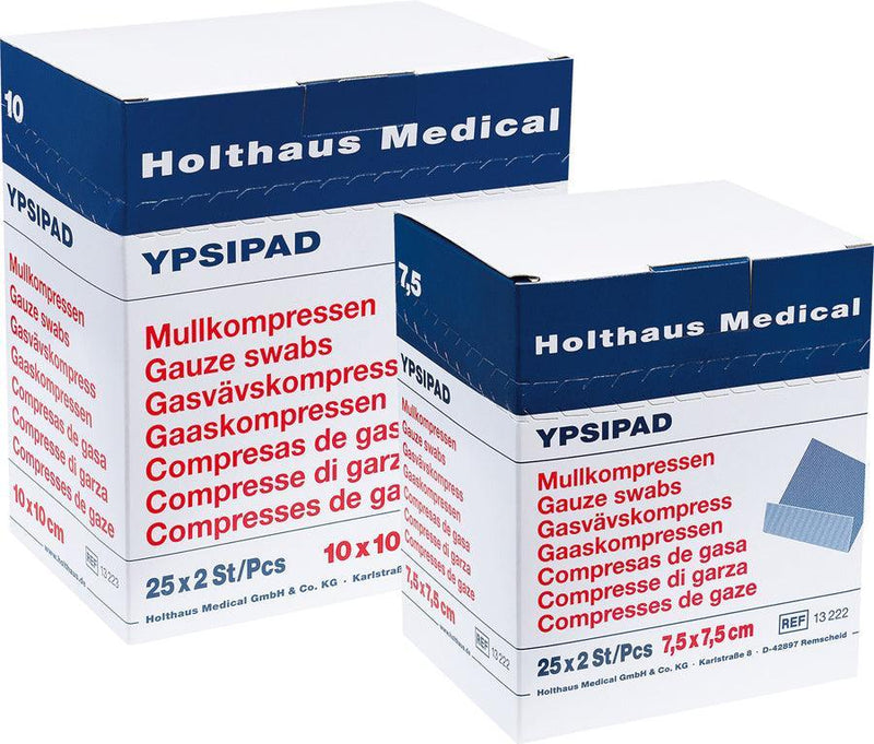 YPSIPAD Mullkompresse 8-fach gefaltet, 25 x 2 Stück, steril, aus 17-fädigem Verbandmull nach DIN EN 14 079, 5 x 5cm, 7.5 x 7.5cm, 10 x 10cm - Notemed Medizintechnik 
