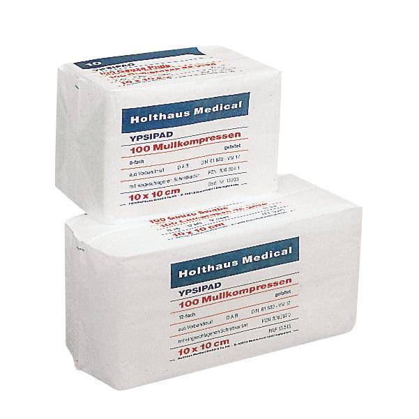 YPSIPAD Mullkompresse 8-fach gefaltet, 100 Stück, unsteril, aus 17-fädigem Verbandmull nach DIN EN 14 079, 5 x 5cm, 7.5 x 7.5cm, 10 x 10cm - Notemed Medizintechnik 