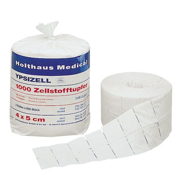 YPSIZELL Zellstofftupfer, Hochgebleichter Verbandzellstoff nach DAB.
 2 Rollen à 500 Tupfer in Beutel verpackt, 14204 - Notemed Medizintechnik 