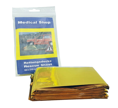Medical Shop Rettungsdecke, Gold/silber, 160 x 210 cm Decke, aus aluminiumbedampfter Polyesterfolie.
 Verhindert Aus- und Unterkühlung Holthaus