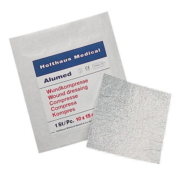 Alumed® Wundkompresse, 10 x 10 cm, 10 x 15 cm, Saugstarke Vlieskompresse mit zusätzlichem Gittnetz aus Aluminium, verklebt weniger mit der Wunde - Notemed Medizintechnik 