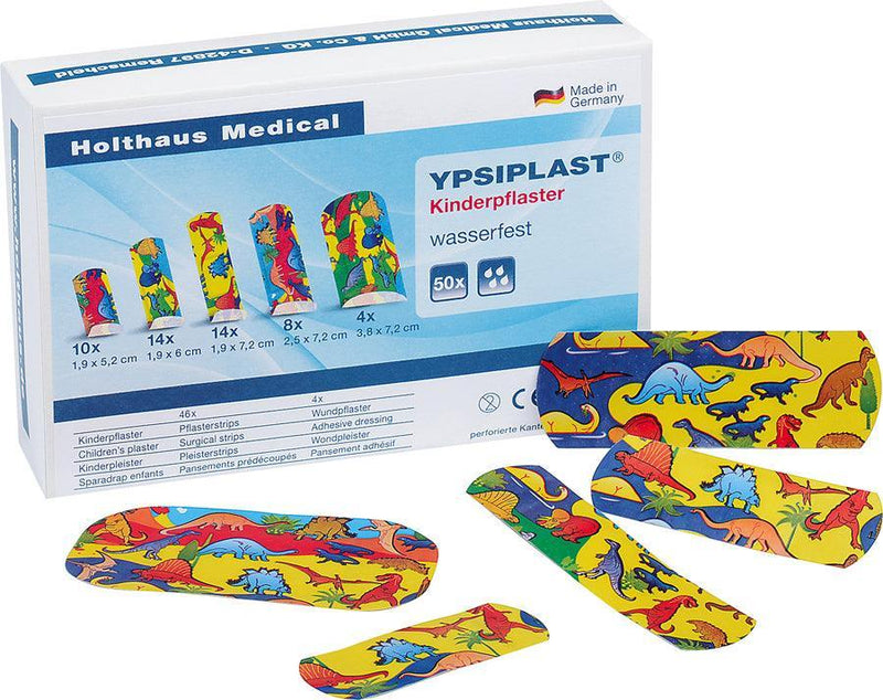 YPSIPLAST® Kinderpflaster, Pflastersortiment mit Dino-Motiven, Packung á 50 Stück, wasserfest, 40790 - Notemed Medizintechnik 