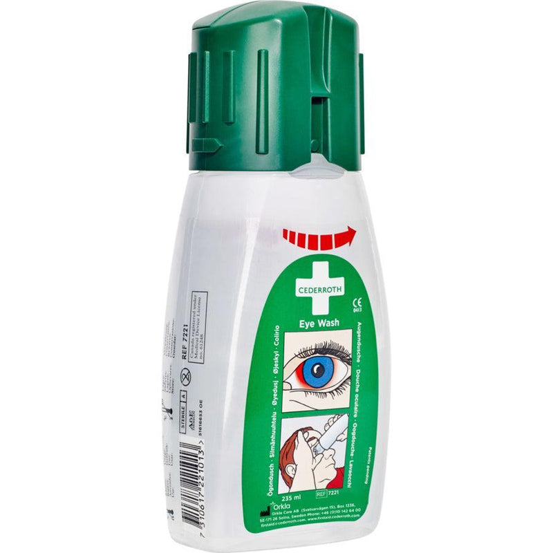 Augenspülflasche Cederroth gefüllt mit 235 ml steriler Kochsalzlösung, Gürteltasche, Wandhalterung, Augenspülstation - Notemed Medizintechnik 