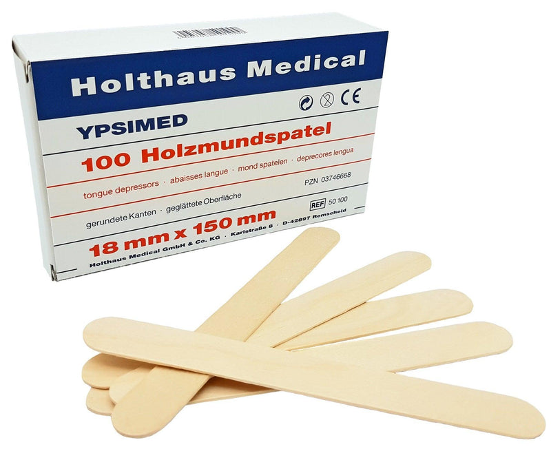YPSIMED Holzmundspatel, mit gerundeten Kanten und geglätteter Oberfläche, Packung à 100 Stück, 18 x 150 mm, 50100 - Notemed Medizintechnik 