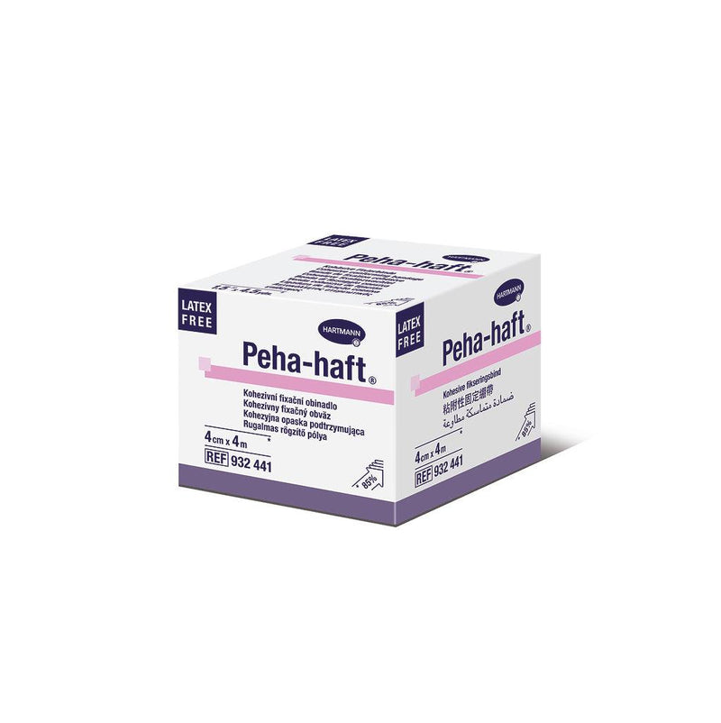 Peha-haft kohäsive, elastische Fixierbinde, gedehnt 4 m lang, lose in Kartons
2,5 cm x 4 m, 4 cm x 4 m, 932452, 
932441 Hartmann