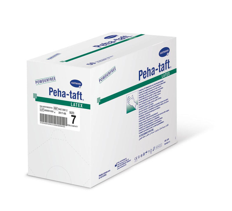 Peha-taft latex OP-Handschuhe, steril, Pkg. á 50 Paar, Gr. 5.5 bis Gr. 9, für alle chirurgischen Eingriffe, puderfreie Einmal-OP-Handschuhe, Einweghandschuhe, 942589, 942590, 
942591, 
942592, 
942593, 
942594, 
942595, 
942596 Hartmann
