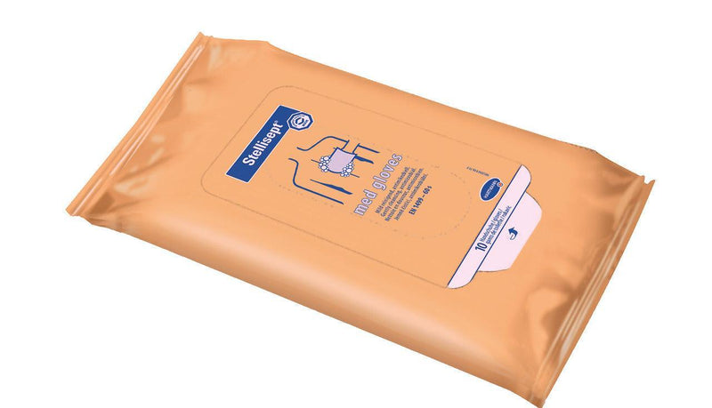Stellisept med gloves, Flow Pack, (10 Stück Waschhandschuhe ) gebrauchsfertige Waschhandschuhe zur antimikrobiellen Körperwaschung. Umfassend wirksam gegen Bakterien inkl. MRSA/ORSA und VRE, 981203 - Notemed Medizintechnik 