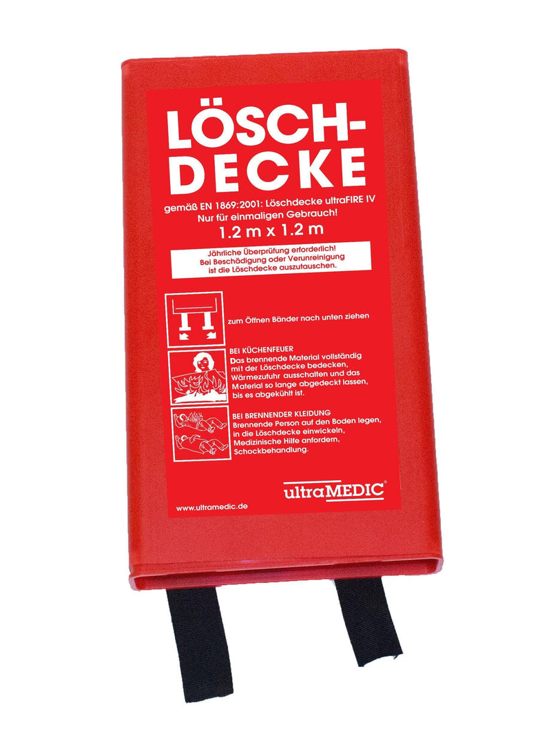 Löschdecke, Feuerlöschdecke aus Glasgewebe mit Grifftaschen, in Kunststoffbox, rot-weiß,DIN EN 1869:2001, ultraFIRE IV aus Glasgewebe, 1200 x 1200mm, weiß in Kunstoffbox, SAN-0079-2 - Notemed Medizintechnik 
