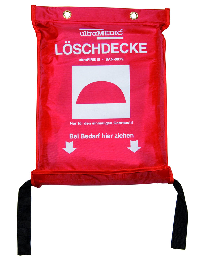 Löschdecke, Feuerlöschdecke aus Glasgewebe, im Beutel mit Ausziehbändern, rot-weiß,DIN EN 1869:2001, ultraFIRE III aus Glasgewebe, 1600 x 1800mm, weiß, SAN-0079 - Notemed Medizintechnik 