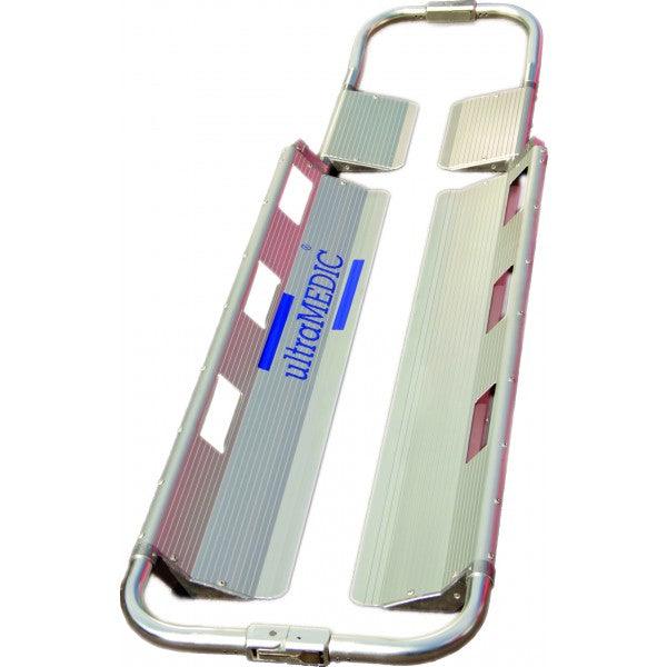 Schaufeltrage, Leichtes Spezialgerät aus einer farblos eloxierten Aluminium-Speziallegierung
zum schonenden und sicheren Anheben und Umlagern von schwer
Verletzten, ultraSCOOP STRETCHER, SAN-0125 UltraMEDIC