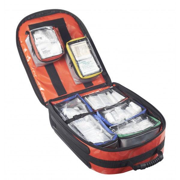 Notfallrucksack, RESCUE I Rucksack aus PLAN mit FÜLLUNG nach DIN 14142, 5 farblich sortierte MODUL Taschen, 1 x OXYTAINER, ultraRUCKSACK, FIRE & RESCUE", ultraPLAN; rot, SAN-0500, schwarz, SAN-0500-S - Notemed Medizintechnik 
