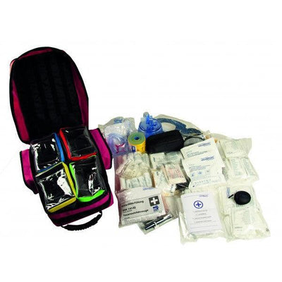 Notfallrucksack, Rettungsrucksack, inkl. DIN 14142 + Sonderequipment „Helfer vor Ort“, Leichter und kompakter Rettungsrucksack, Corduramaterial, farbig gekennzeichnete Modultaschen, mit kleiner Erstversorgerfüllung (FW), ultraRESCUE LITE, SAN-400-R-FR - Notemed Medizintechnik 