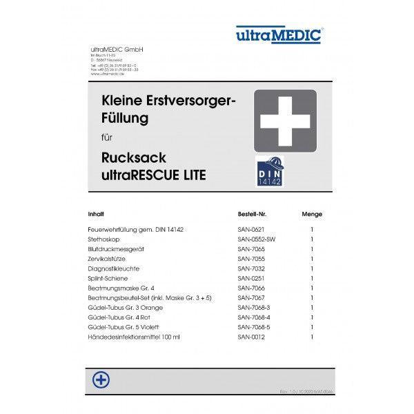 Notfallrucksack, Rettungsrucksack, inkl. DIN 14142 + Sonderequipment „Helfer vor Ort“, Leichter und kompakter Rettungsrucksack, Corduramaterial, farbig gekennzeichnete Modultaschen, mit kleiner Erstversorgerfüllung (FW), ultraRESCUE LITE, SAN-400-R-FR - Notemed Medizintechnik 